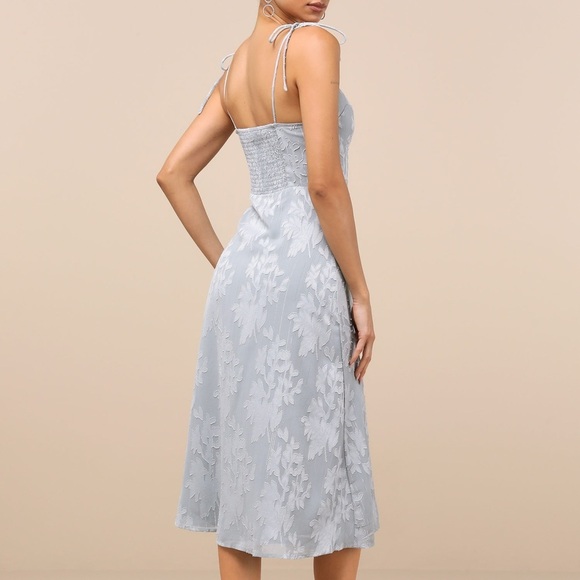 Lulus Loveliest Looks Dusty Blue Floral Jacquard Tie-Strap Midi Dress Large - Picture 3 of 9